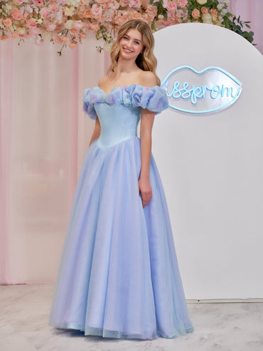 Isabel | Cinderella Blue Tulle Off the Shoulder With Crystals & Butterflies Ball Gown