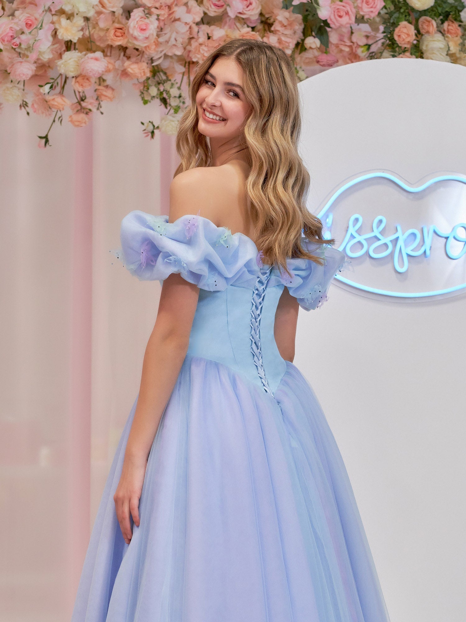 Isabel | Cinderella Blue Tulle Off the Shoulder With Crystals & Butterflies Ball Gown