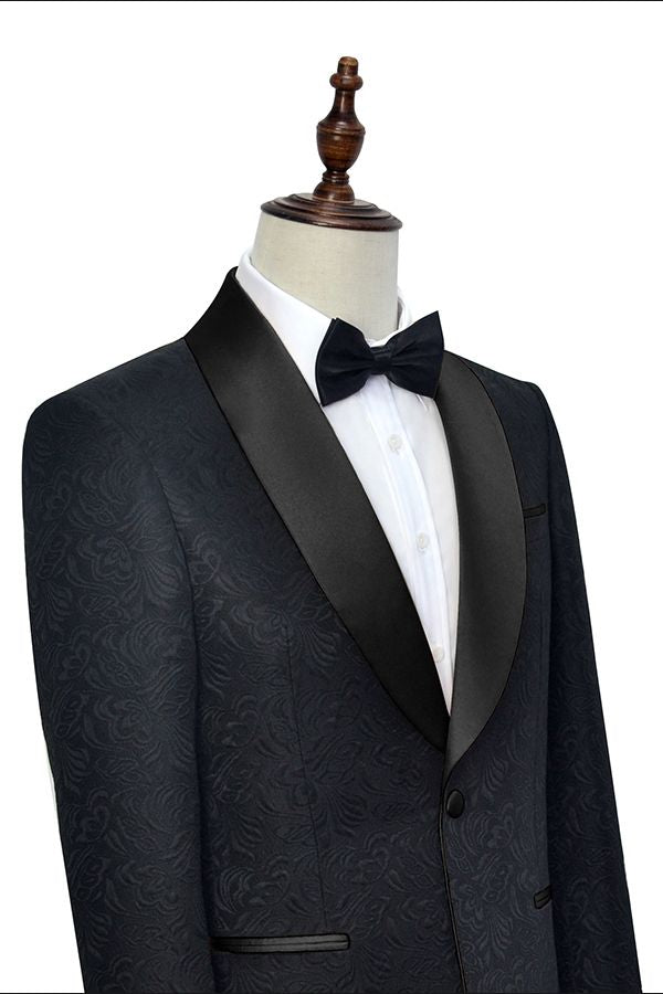 Classic Black Jacquard Wedding Tuxedo for Men Shawl Lapel Silk One Button Wedding Suits-showprettydress