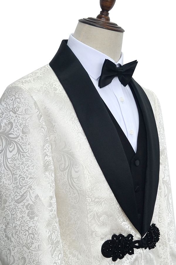 Classic Knitted Button Black Shawl Lapel Three Piece White Jacquard Wedding Tuxedo for Men-showprettydress