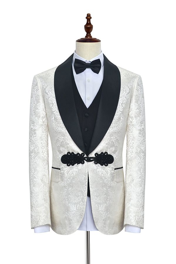 Classic Knitted Button Black Shawl Lapel Three Piece White Jacquard Wedding Tuxedo for Men-showprettydress