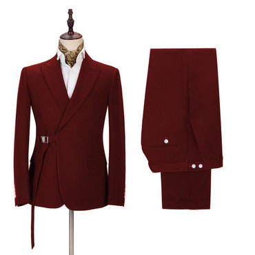 Classic Peak Lapel Buckle Button Formal Burgundy 2 Piece Men's Casual Suit Online-showprettydress