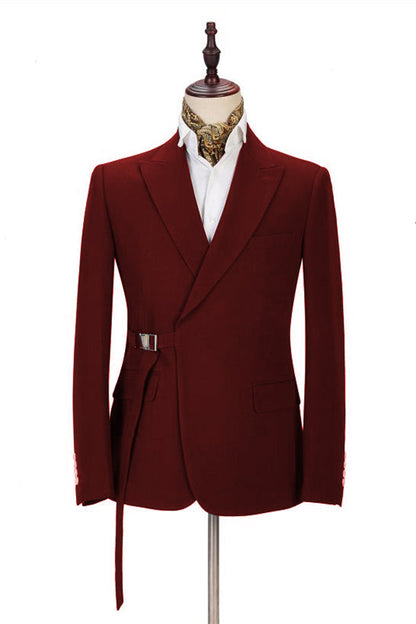 Classic Peak Lapel Buckle Button Formal Burgundy 2 Piece Men's Casual Suit Online-showprettydress