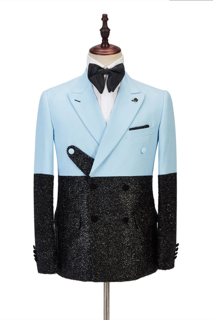 Classic Sky Blue Classy Sparkle Black Peak Lapel 2 Piece Men's Suit Online-showprettydress