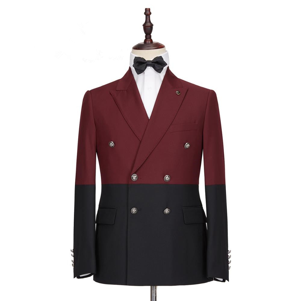 Classy Burgundy and Black Double Breasted Peaked Lapel Men Suits for Prom-showprettydress