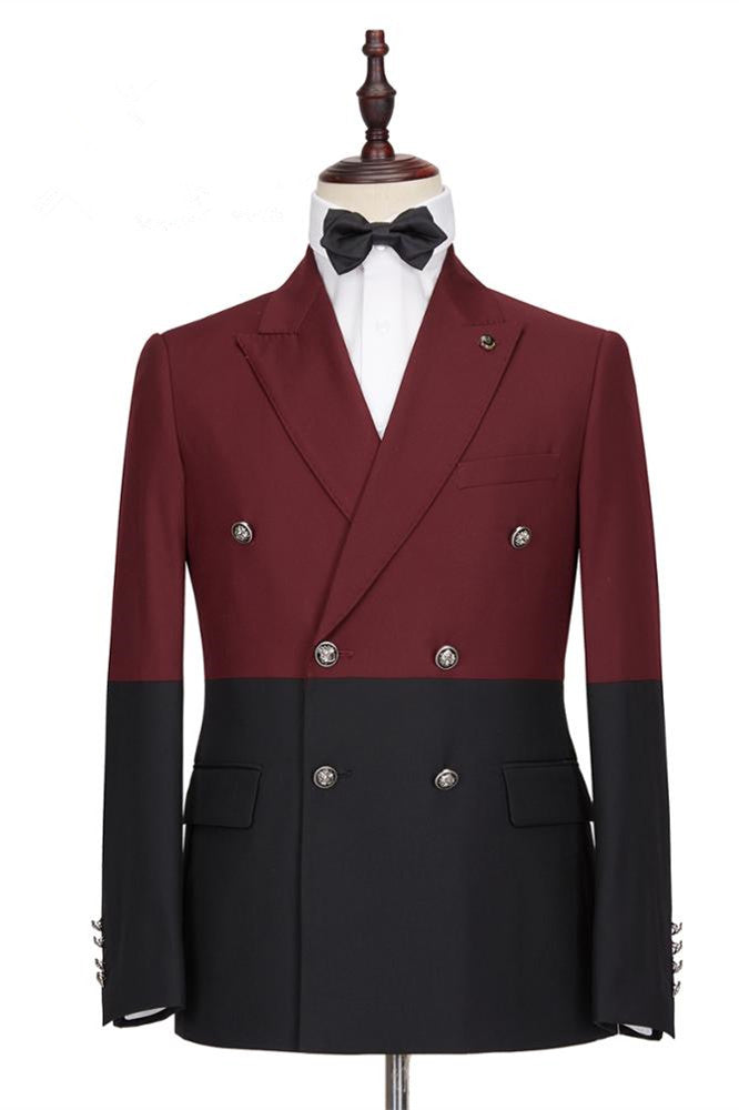 Classy Burgundy and Black Double Breasted Peaked Lapel Men Suits for Prom-showprettydress