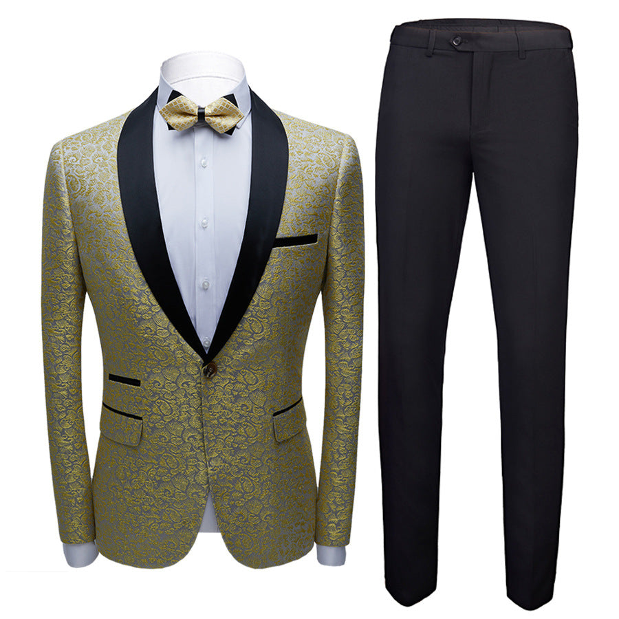 Classy Gold Jacquard Slim Fit Men's Prom Suits with Black Shawl Lapel-showprettydress