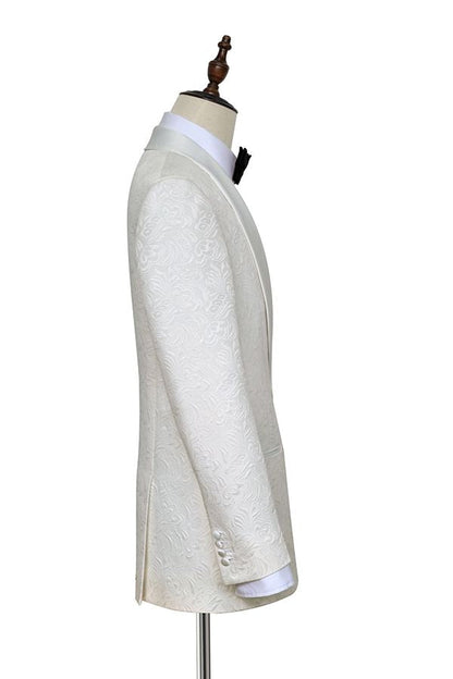 Classy Jacquard White Tuxedos for Wedding Silk Shawl Lapel One Button Wedding Suit for Men-showprettydress