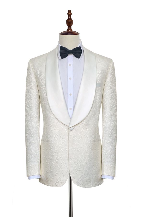 Classy Jacquard White Tuxedos for Wedding Silk Shawl Lapel One Button Wedding Suit for Men-showprettydress