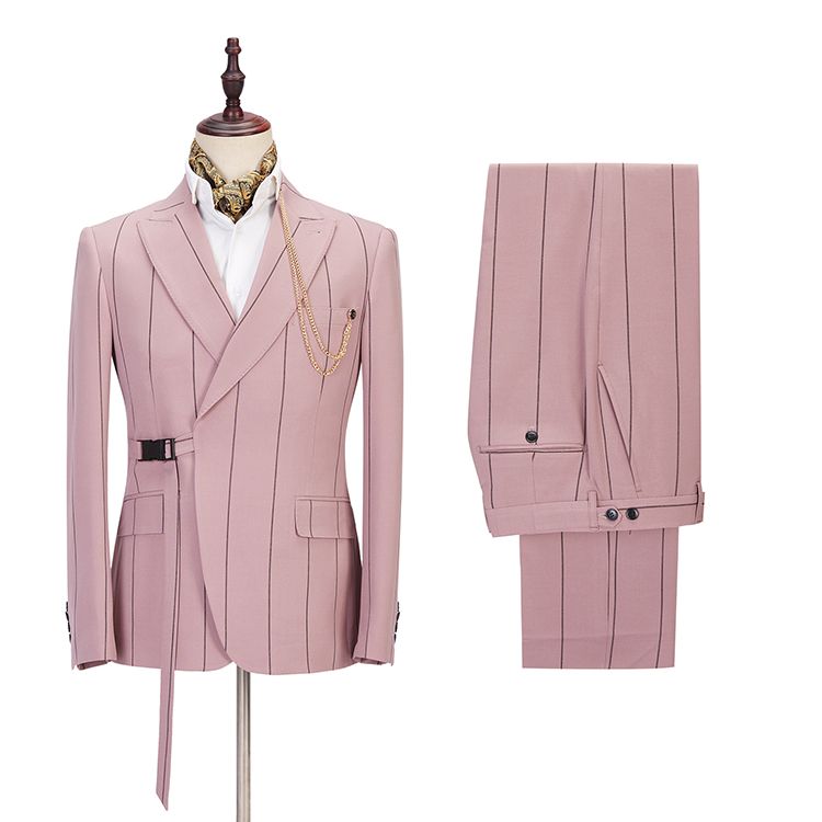 Classy Pink Striped Peaked Lapel Fitted Men Suits Online-showprettydress