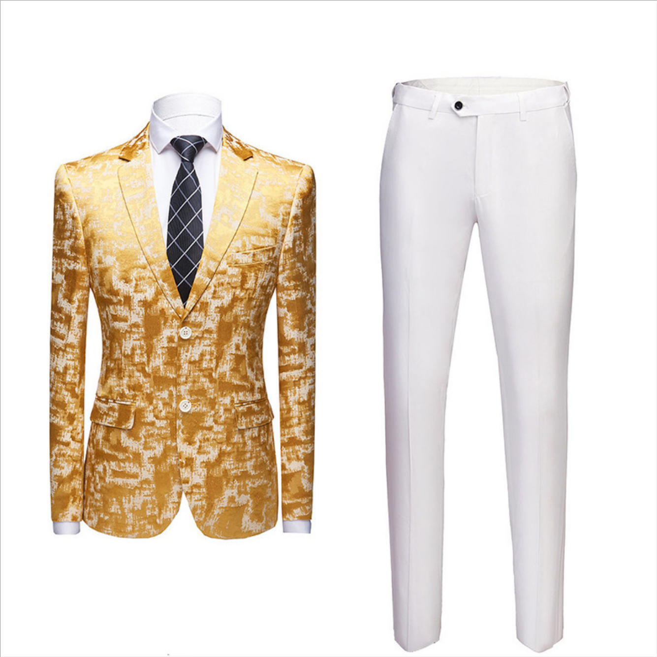 Classy Printed Bright Gold Notched Lapel Men's Suits for Prom-showprettydress