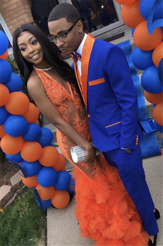 Classy Royal Blue Prom Suit Online Slim Fit Men Suit with Orange Lapel-showprettydress