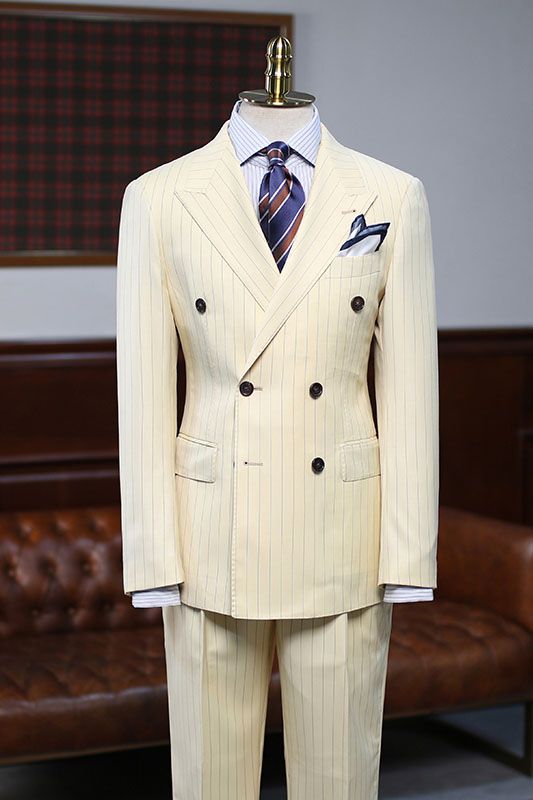 Classy Yellow Striped Double Breasted Custom Suit For Prom-showprettydress