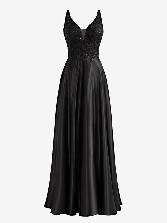 Roycebridal Colette | Black A-Line V-Neck Satin Prom Dress with Slit