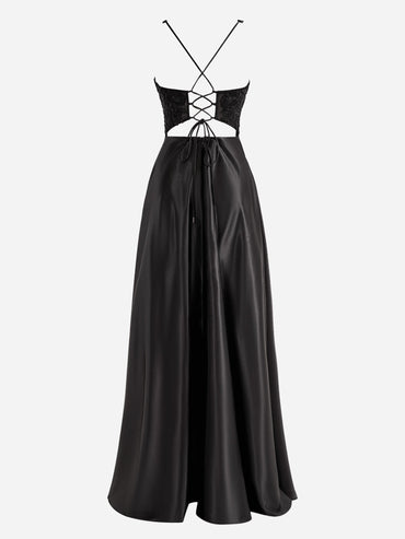 Roycebridal Colette | Black A-Line V-Neck Satin Prom Dress with Slit