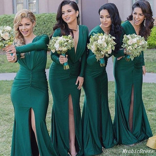 Roycebridal Fall Wedding Guest Dress Emerald Green Bridesmaid Dresses Long Sleeves V Neck