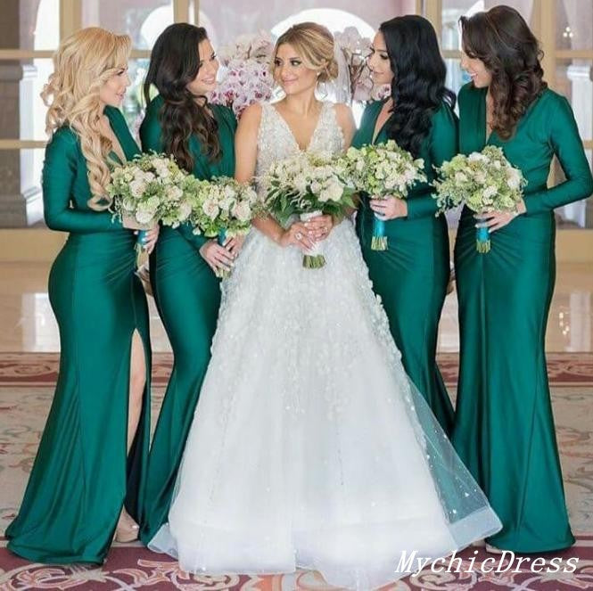 Roycebridal Fall Wedding Guest Dress Emerald Green Bridesmaid Dresses Long Sleeves V Neck