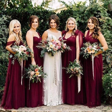 Sheath Chiffon Long Tulle Burgundy Convertible Bridesmaid Dresses