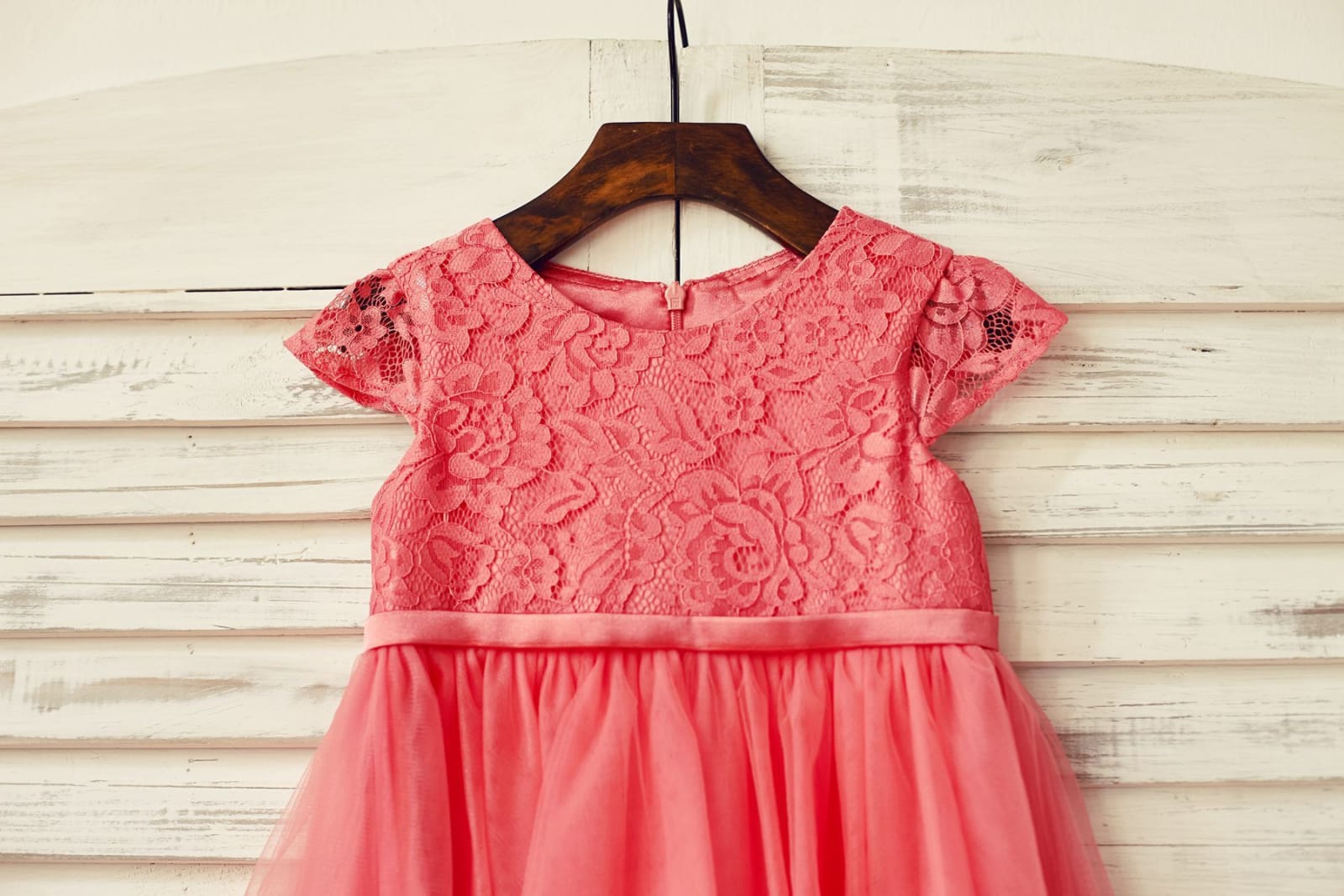 Coral Lace Tulle Cap Sleeve Flower Girl Dress