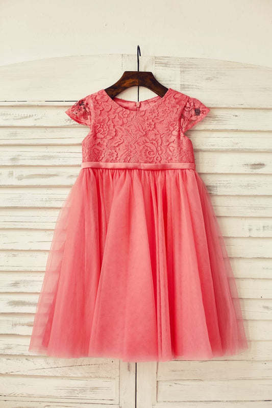 Coral Lace Tulle Cap Sleeve Flower Girl Dress