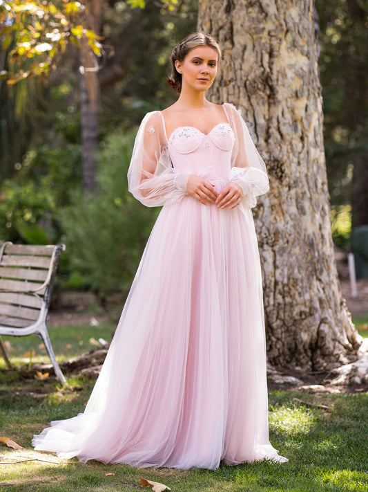 Roycebridal Corset Puffy Sleeves Floor Length Tulle Prom Dress