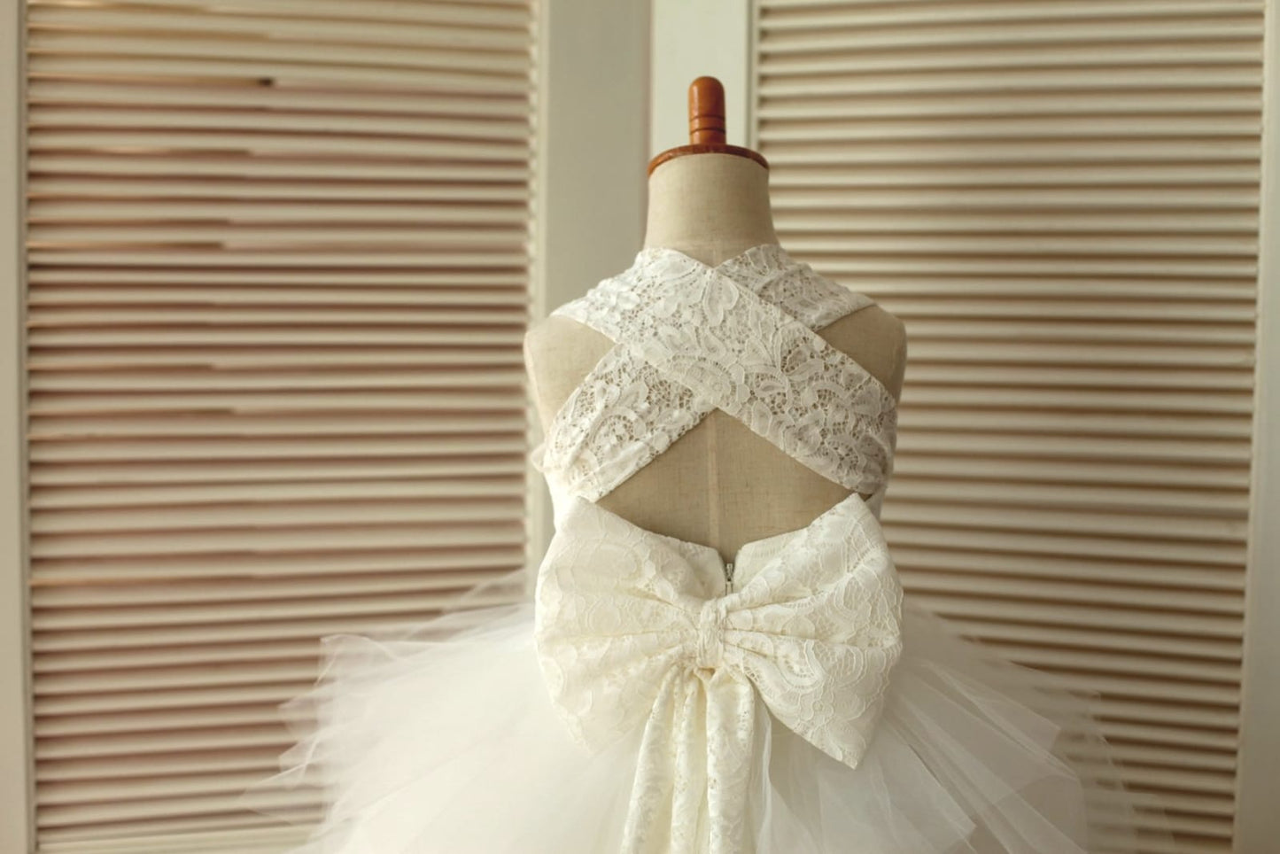 Princess Cross Back Ivory Lace Ruffle Tulle Skirt Flower 