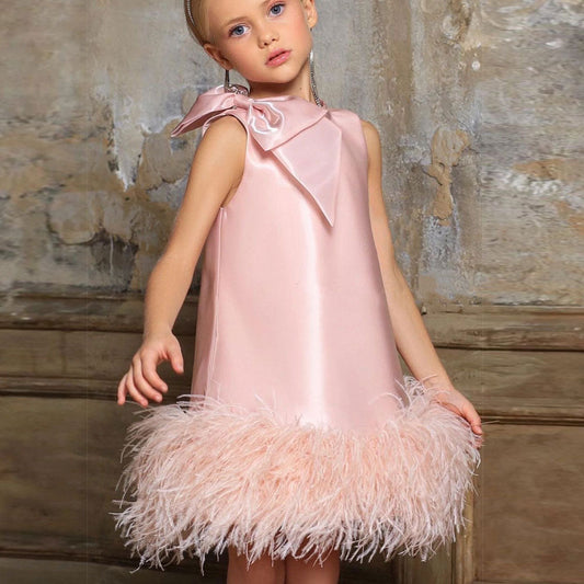 Roycebridal Luxury Mini Arabic Pink Flower Girl Dress Ostrich Feathers Bow Baby Kids Birthday Wedding Party Gown Pageant  J117