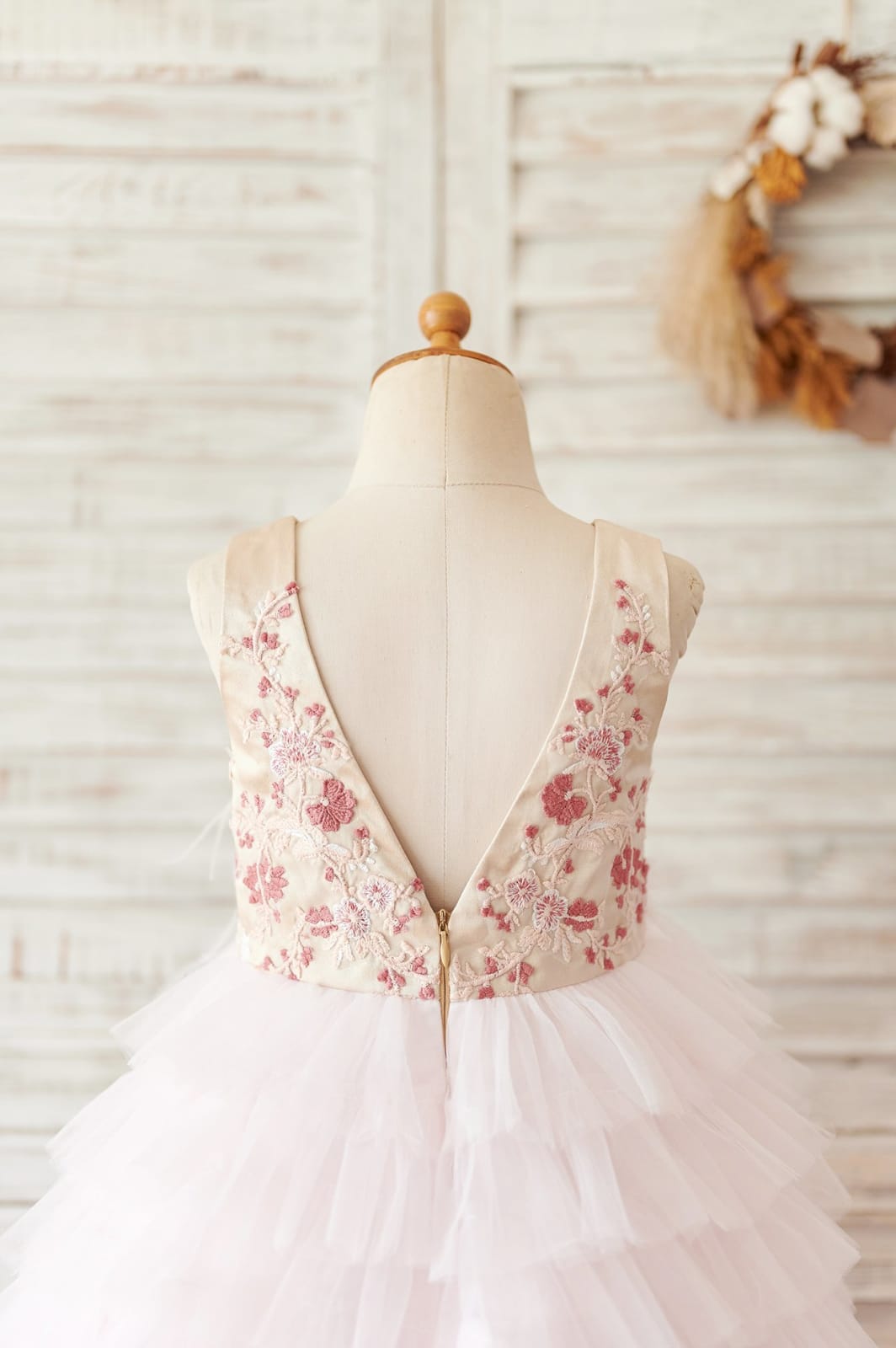 Blush Pink Tulle Embroidery Lace V Back Wedding Flower Girl 