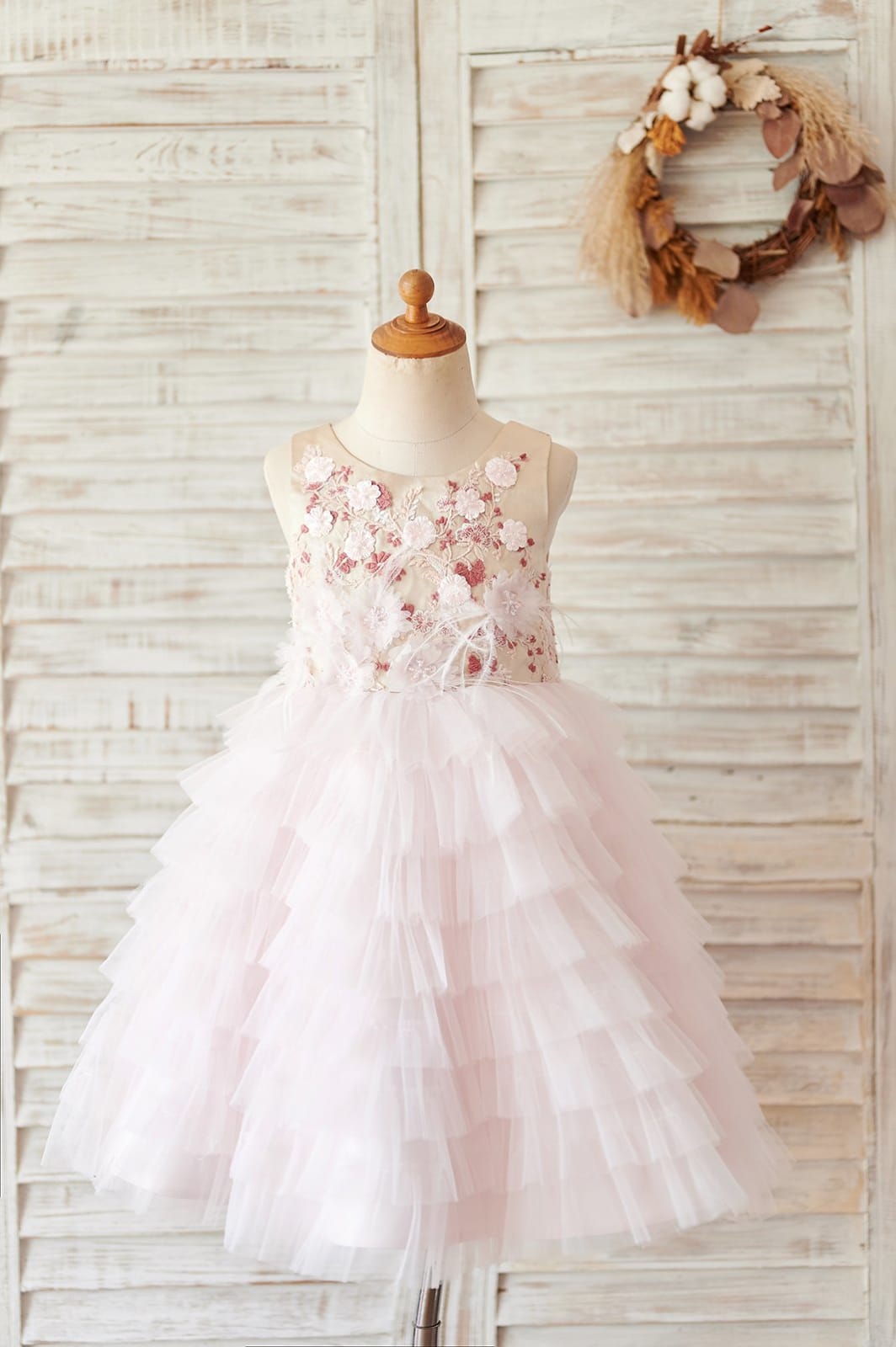 Blush Pink Tulle Embroidery Lace V Back Wedding Flower Girl 