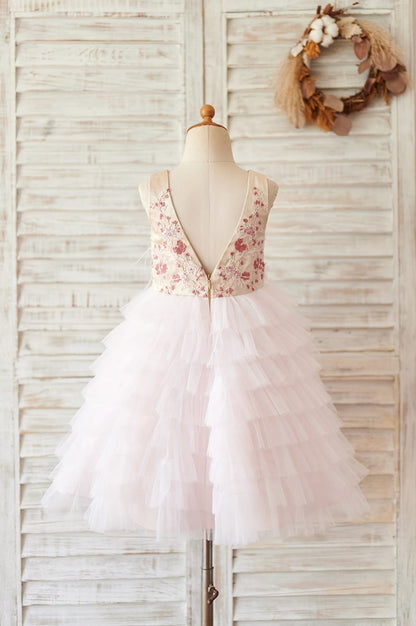 Blush Pink Tulle Embroidery Lace V Back Wedding Flower Girl 