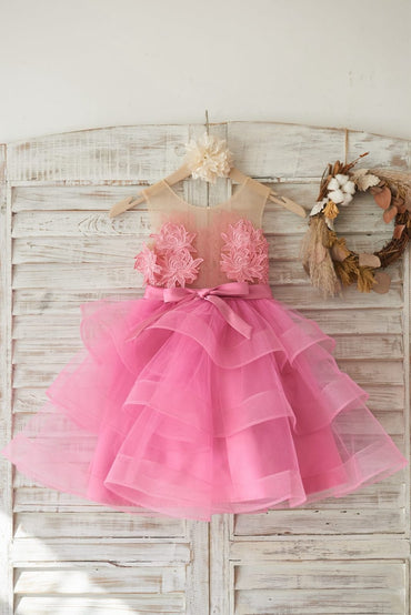 Cupcake Fuchsia Lace Tulle Wedding Flower Girl Dress with 