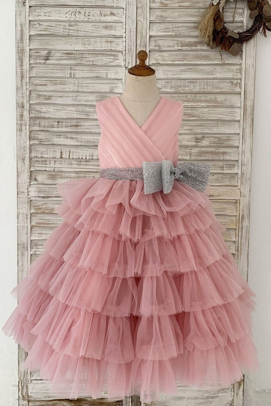 Cupcake Mauve Tulle V Neck Wedding Flower Girl Dress with 