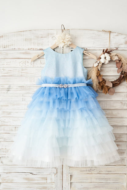 Ombre Blue Glittering Tulle Cupcake Wedding Flower Girl 