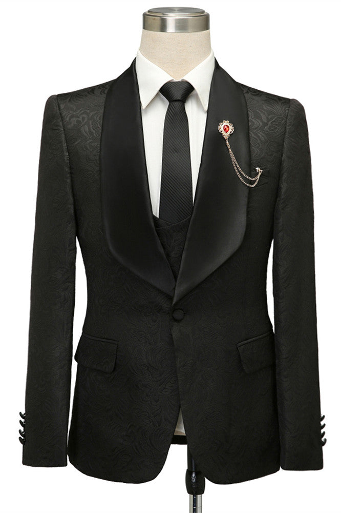 Custom design Black Jacquard Shawl Lapel Wedding Suits-showprettydress