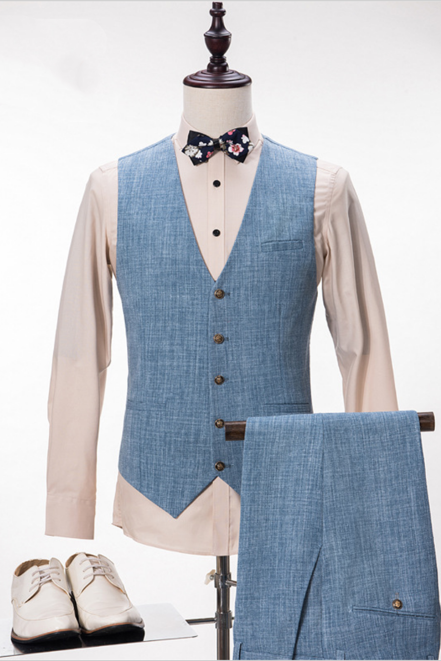 Custom design Blue Linen Suit For Wedding Peak Lapel Summer Groom and Groomsmen Suits-showprettydress