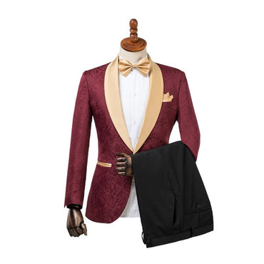 Custom design Burgundy Slim Fit Jacquard Wedding Suit for Men-showprettydress