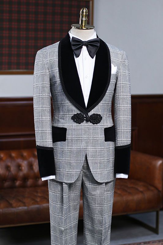 Custom design Gray Plaid Knitted Button Wedding Suit For Grooms-showprettydress