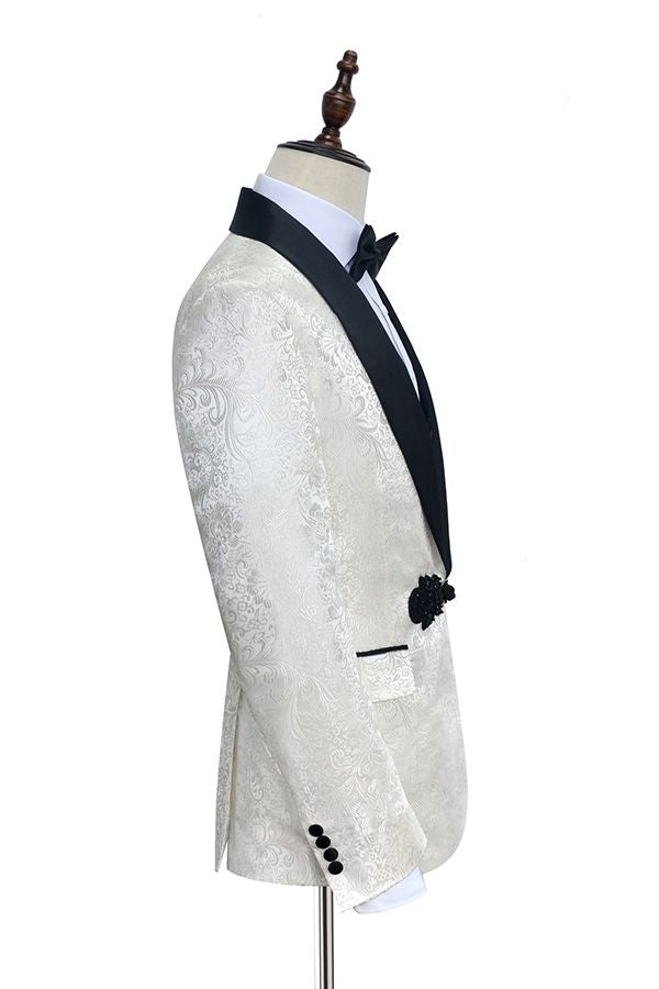 Custom design Knitted Button Black Shawl Lapel Three Piece White Jacquard Wedding Tuxedo for Men-showprettydress