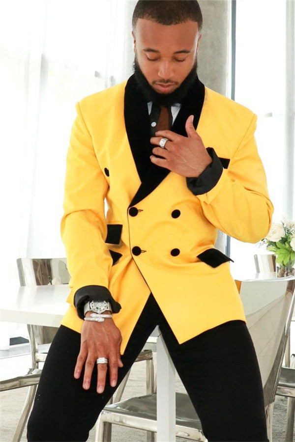 Custom design Yellow Double Breasted Slim Fit Mens Suits with Black Shawl-showprettydress