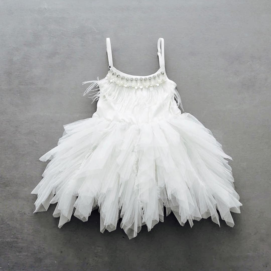 Cute A-line Spaghetti Straps Feather Tea Length Flower Girl Dresses-showprettydress