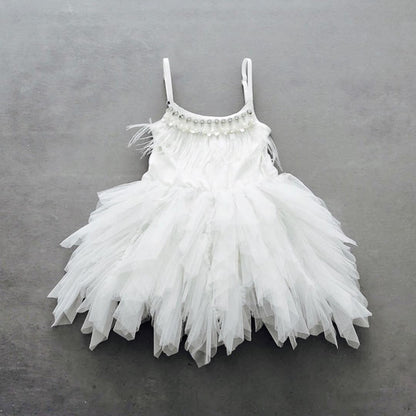 Cute A-line Spaghetti Straps Feather Tea Length Flower Girl Dresses-showprettydress