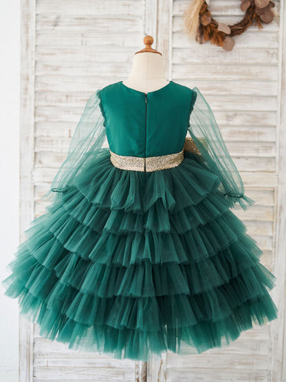 Cute Green V-Neck Long Sleeves Sash Kids Social Party Dresses-showprettydress