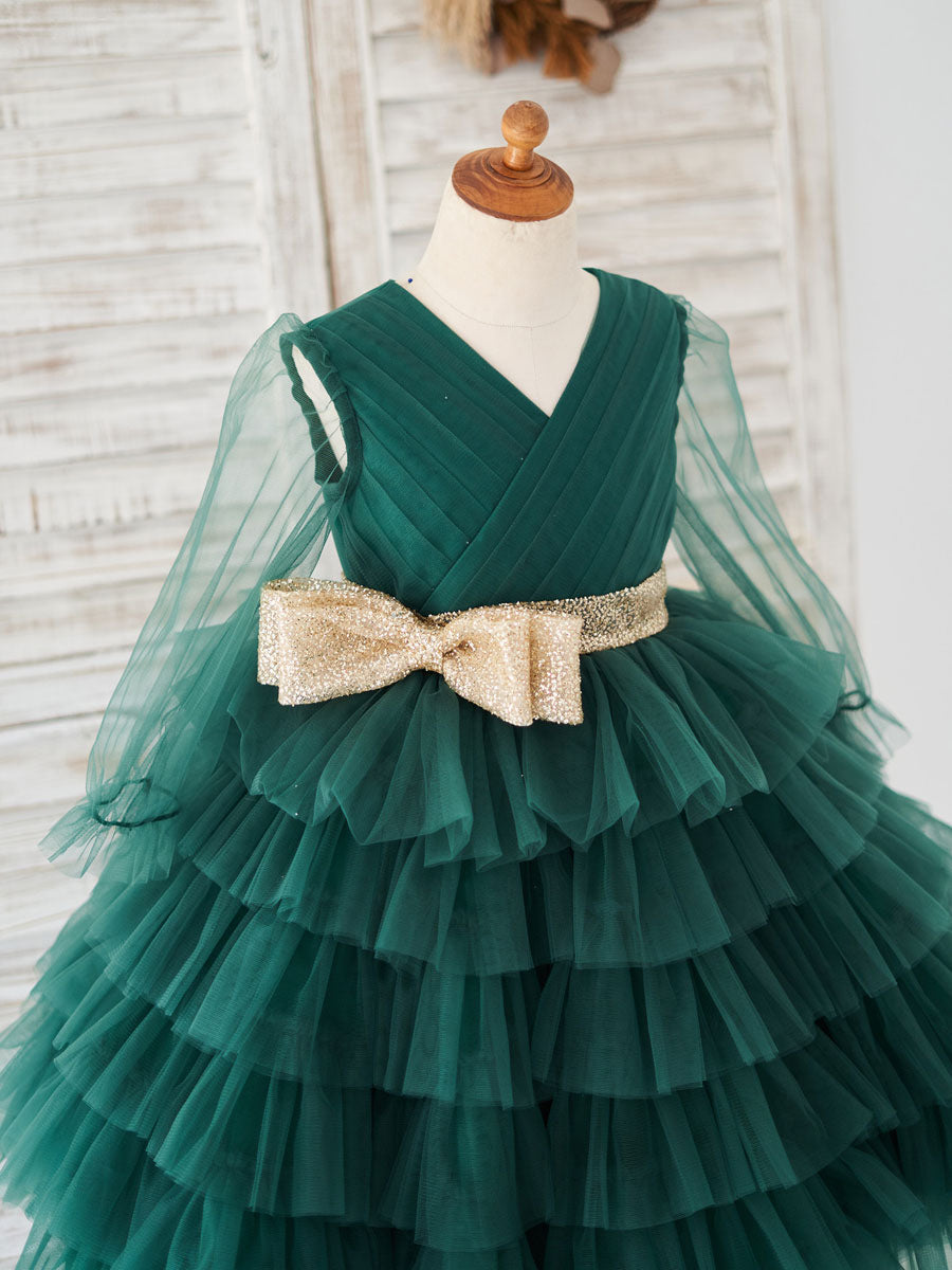 Cute Green V-Neck Long Sleeves Sash Kids Social Party Dresses-showprettydress