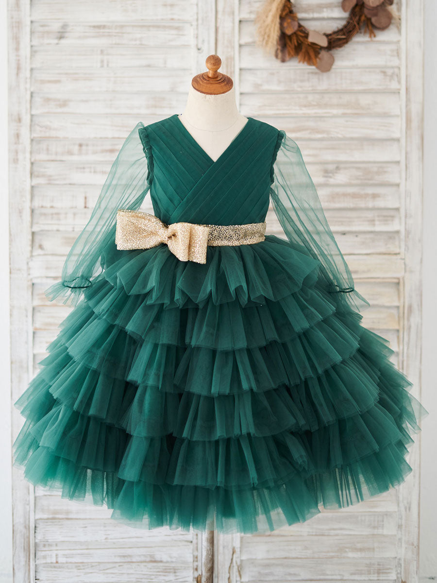 Cute Green V-Neck Long Sleeves Sash Kids Social Party Dresses-showprettydress