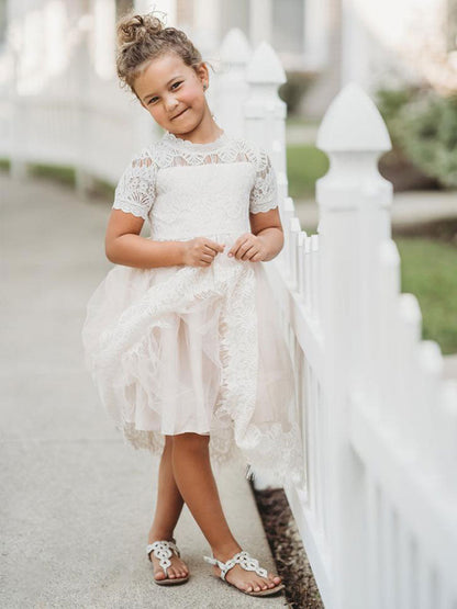 Cute Jewel Neck Short Sleeves Kids Party flower girl dresses-showprettydress