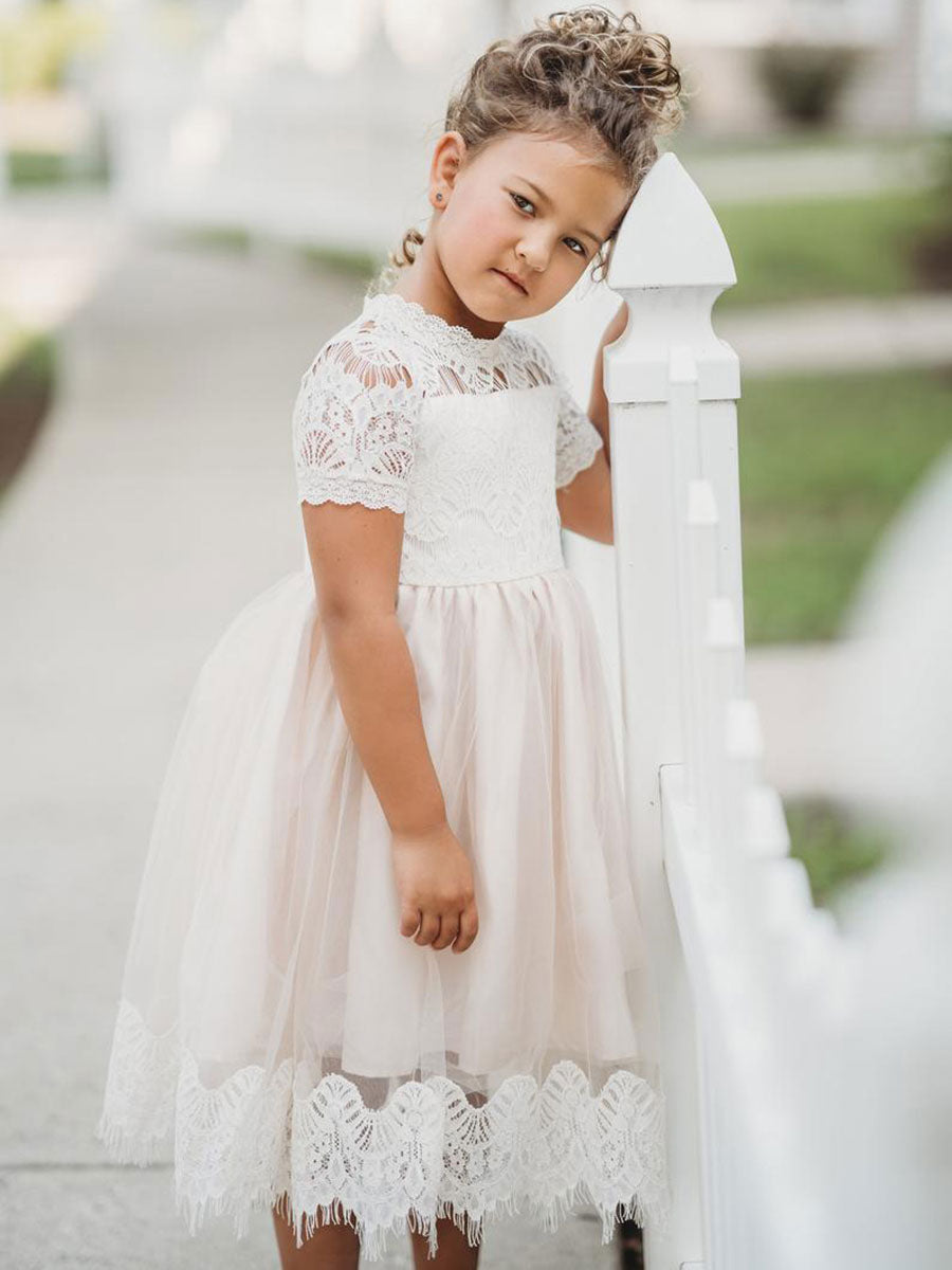 Cute Jewel Neck Short Sleeves Kids Party flower girl dresses-showprettydress