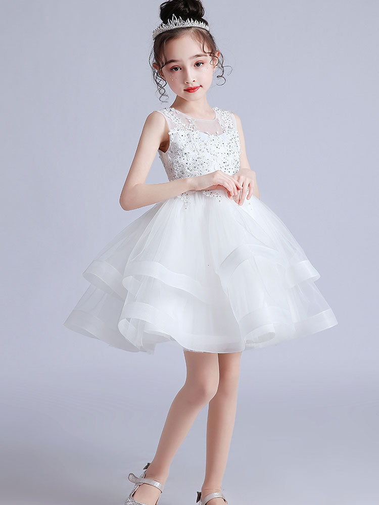 Cute Jewel Neck Sleeveless Embroidered Kids Party flower girl dresses-showprettydress