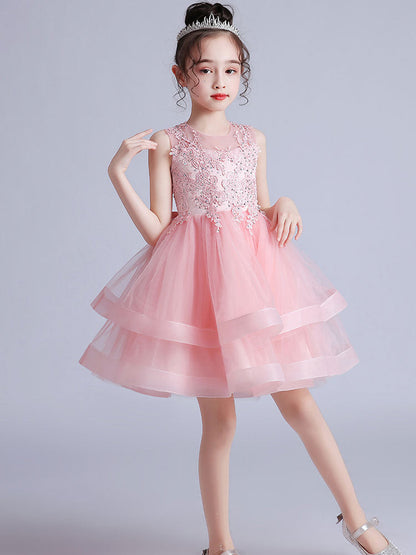 Cute Jewel Neck Sleeveless Embroidered Kids Party flower girl dresses-showprettydress