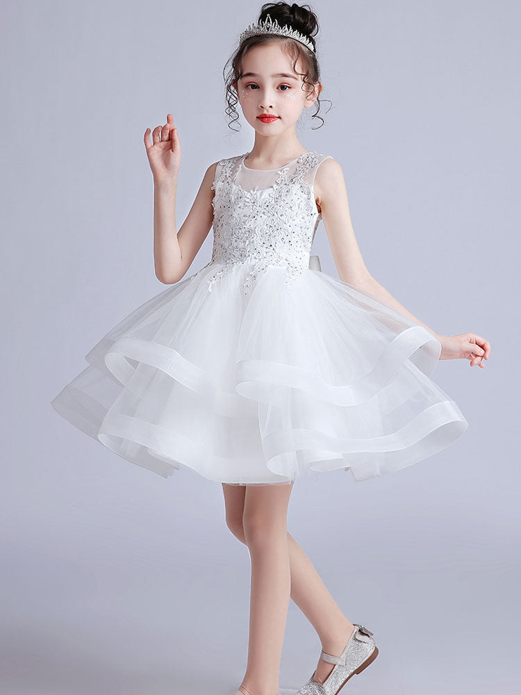 Cute Jewel Neck Sleeveless Embroidered Kids Party flower girl dresses-showprettydress