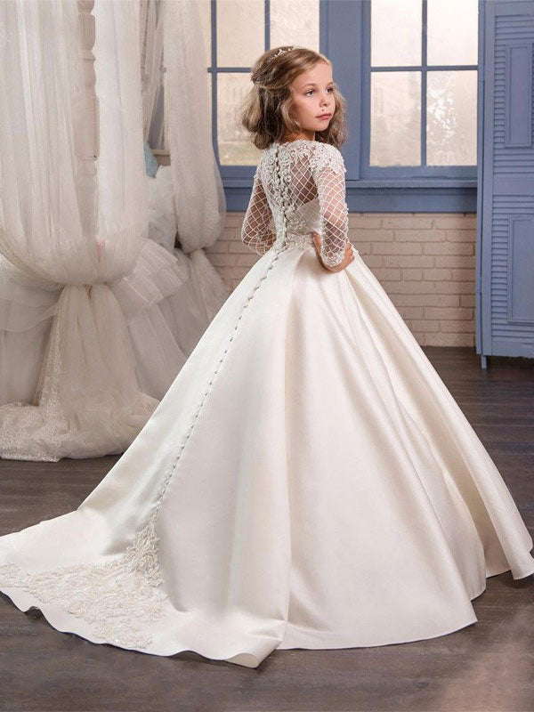 Cute Kids Long Sleeve Lace First Communion Dresses-showprettydress